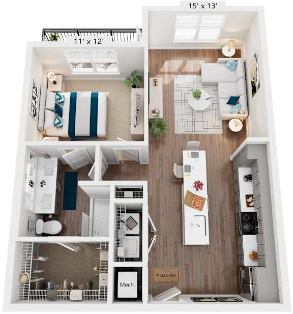 1 Bed 1 Bath Floor Plan | 774 Sq. Ft. at One Riverside Apartments, Chattanooga, TN, 37403
