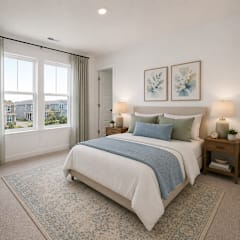 A bedroom with a large bed and a view of the outside through the window.