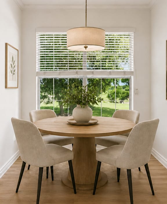 A dining room with a table and chairs.