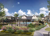 Thumbnail 3 of 11 - A rendering of a residential area with houses, a pool, and a person walking a dog.