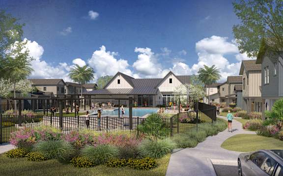A rendering of a residential area with houses, a pool, and a person walking a dog.
