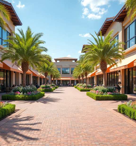 A long brick walkway leads between rows of palm trees and flower beds.