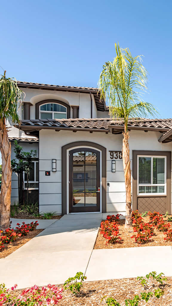 A white house with a black door and windows is surrounded by palm trees.