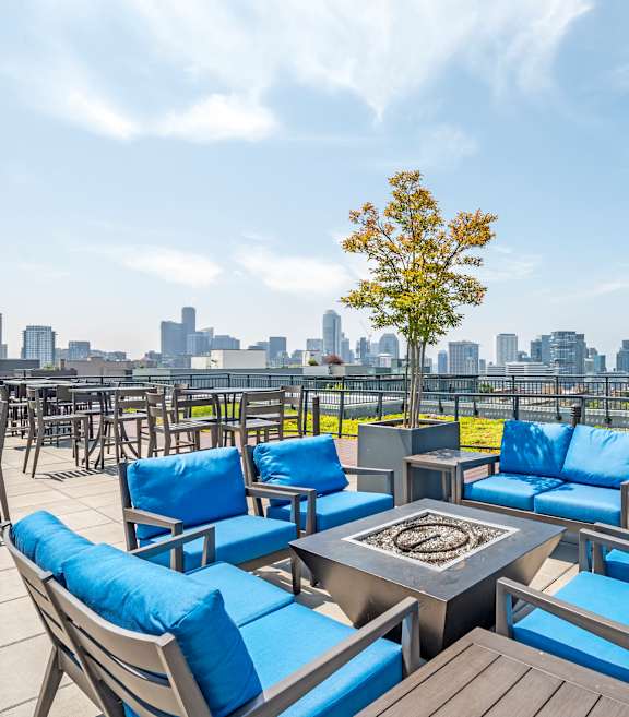 A patio with blue cushions and a table with a tree in the background.