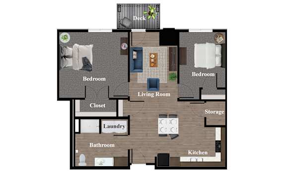 A floor plan with two bedrooms, a living room, a kitchen, a bathroom, a laundry area, a closet, and storage space.