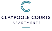 a logo for claypool courts apartments on a green background