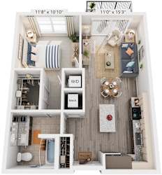 1 Bed 1 Bath Floor Plan | 722 Sq. Ft. at Rivergate in Woodbridge, VA, 22191