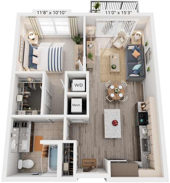 1 Bed 1 Bath Floor Plan | 722 Sq. Ft. at Rivergate in Woodbridge, VA, 22191