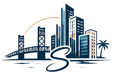 A blue and white graphic of a city with tall buildings and a bridge.