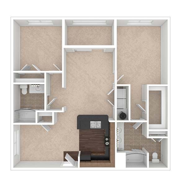 A 3D rendered image of a floor plan of a house.