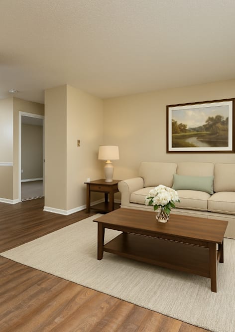 A living room with a brown coffee table and a painting on the wall.