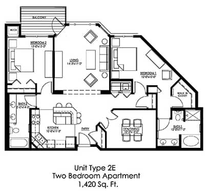 2 Bedroom Floor Plan at The Landings at Silver Lake Village, Minnesota