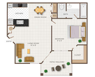 A floor plan of a one bedroom apartment with a bath.