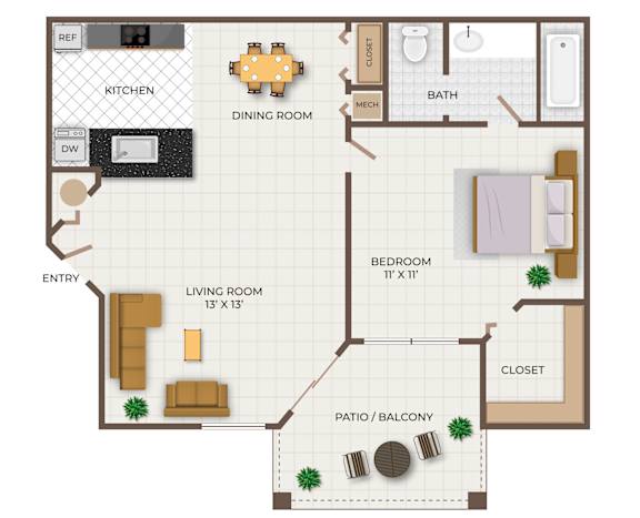 A floor plan of a one bedroom apartment with a bath.