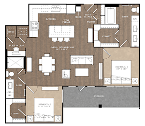 A floor plan of a unit with two bedrooms and two bathrooms.