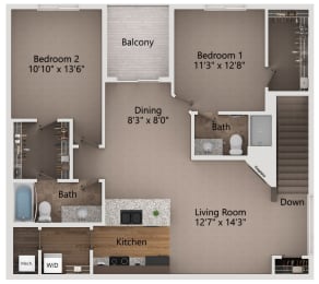 Floor Plan  two bedroom floor plan including a living room with a fireplace and a dining room