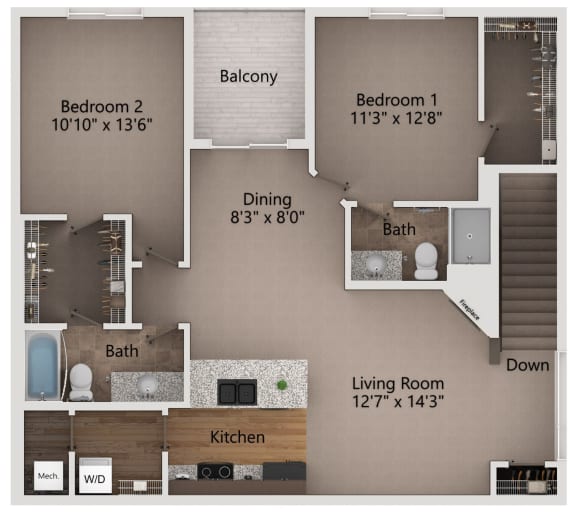 two bedroom floor plan including a living room with a fireplace and a dining room
