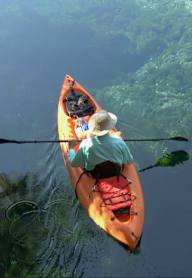 Two people kayaking in clear blue water.