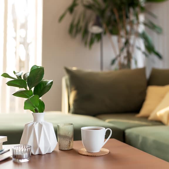 a living room with a coffee table and a couch at The Carillon, Greensboro, NC, 27455
