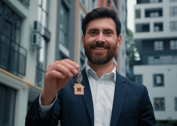 a man wearing a suit and holding a key