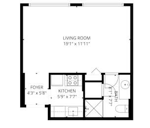 A floor plan of a studio apartment with a kitchen with a bathroom.