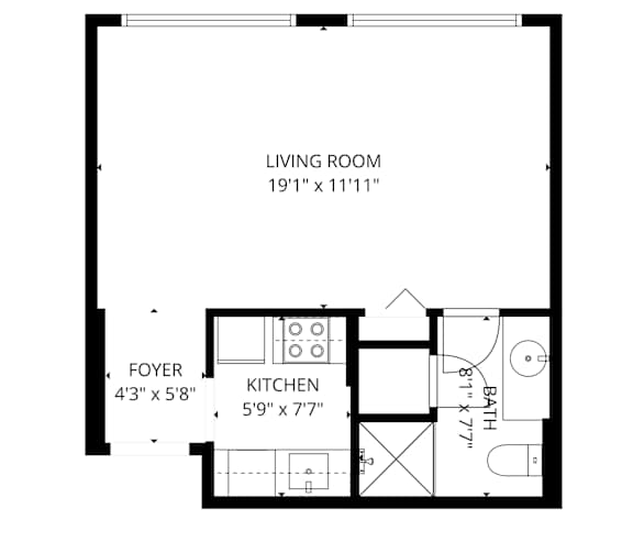 A floor plan of a studio apartment with a kitchen with a bathroom.