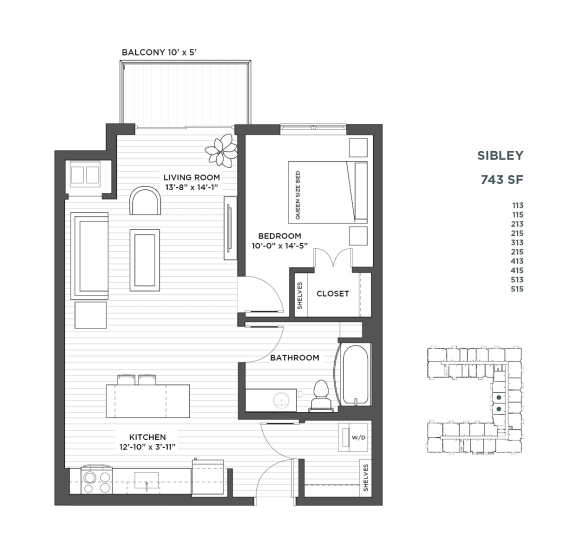 1 bedroom floor plan at The Hill Apartments in st paul mn