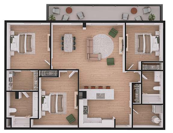 A floor plan of a house with two bedrooms, a living room, a kitchen, and a bathroom.