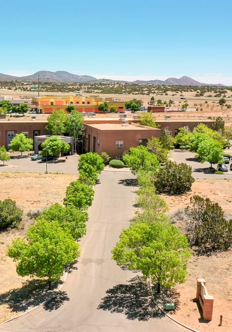 an aerial view of a neighborhood in the desert with houses and trees