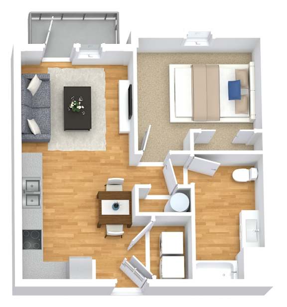 A 3D floor plan of a small apartment with a kitchen, living room, and bedroom.