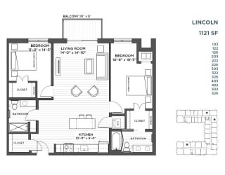 2 bedroom floor plan at The Hill Apartments in st paul mn