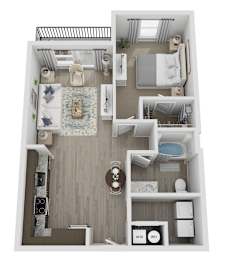 A floor plan of a small apartment with a kitchen, living room, and bedrooms.