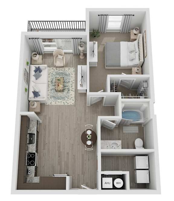 A floor plan of a small apartment with a kitchen, living room, and bedrooms.