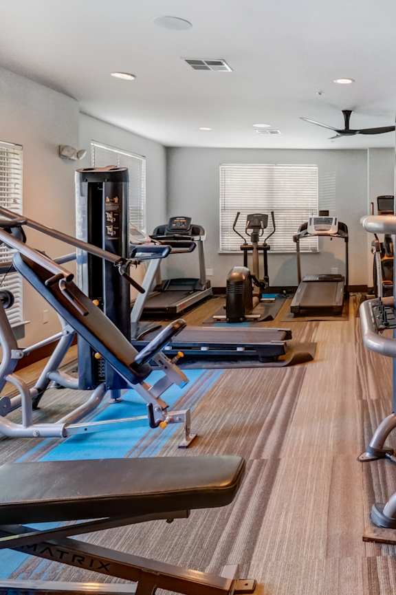 A well-equipped gym with a variety of exercise machines.