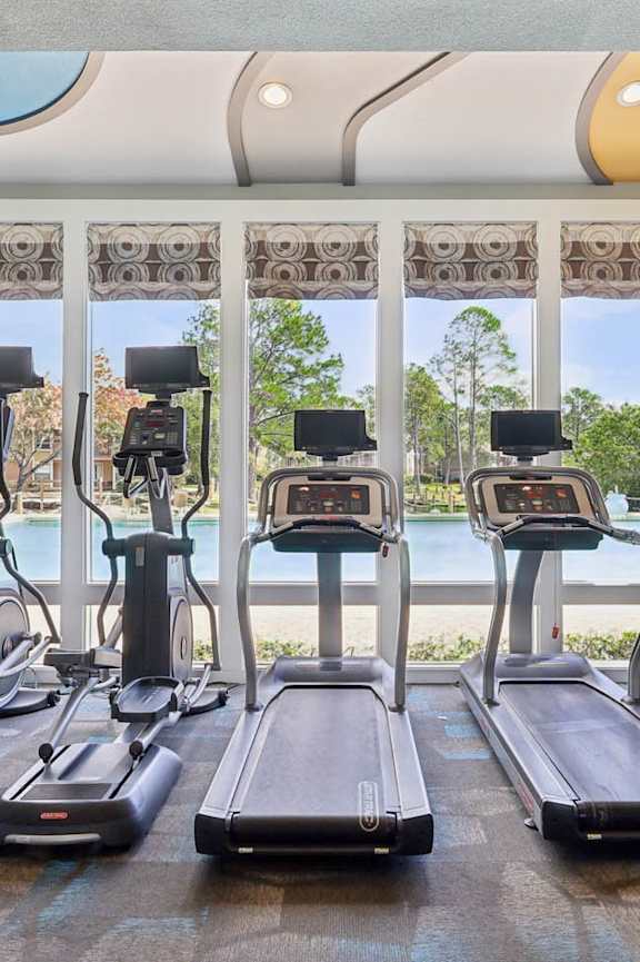A gym with treadmills and elliptical machines at Whisper Lake Apartments, Winter Park, 32792