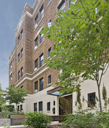 a tall brick building with a tree in front of it