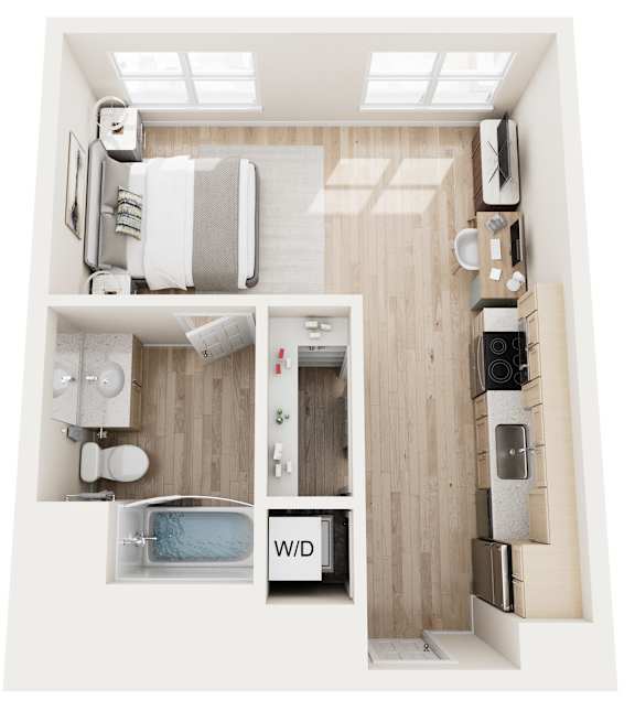 A 3D floor plan of a small apartment with a kitchen, bathroom, and living room.