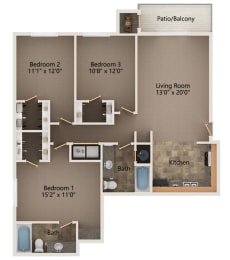 Floor Plan  Hickory three bedroom floorplan at highland view apartments