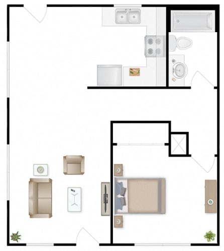 Floor Plan  A floor plan of a one bedroom at The Lakes Apartments, Washington, 98837
