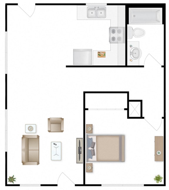 A floor plan of a one bedroom at The Lakes Apartments, Washington, 98837