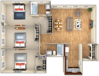 Floor Plan  3-bed/2-bath 3D floorplan at 7251 at Waters Edge, Chicago