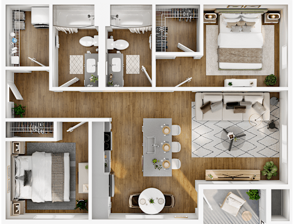 A top-down view of a well-organized apartment with a kitchen, living room, and bathroom.