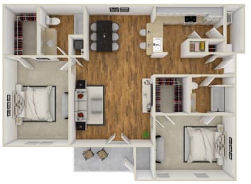 The Wade Two bedroom and Two bathroom Floor Plan | 1,153 Sq. Ft. at Crossgates Apartment Homes, Starkville, 39759