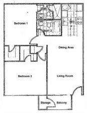 Floor Plan  A diagram of a two bedroom apartment layout.