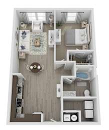 A floor plan of a house with a kitchen, living room, and two bedrooms.
