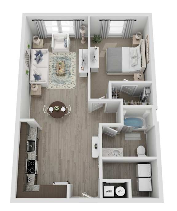 A floor plan of a house with a kitchen, living room, and two bedrooms.