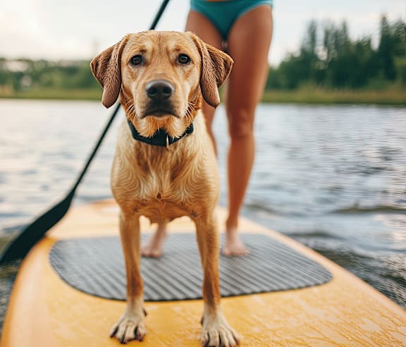 A dog stands on a paddleboard with a woman in the background.