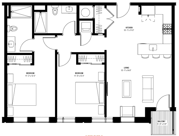 2 bed 2 bath floor plan  at Glassworks, Philadelphia, PA, 19122