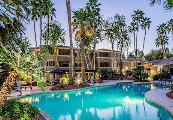 A swimming pool surrounded by palm trees and a building in the background.