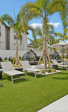 Outdoor space with chaise longues and palm trees at The Hadley Luxury Apartments, North Port, Florida